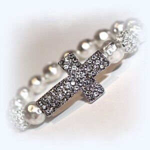 Metal Hammered Silver Beaded Crystal Cross Bracelet